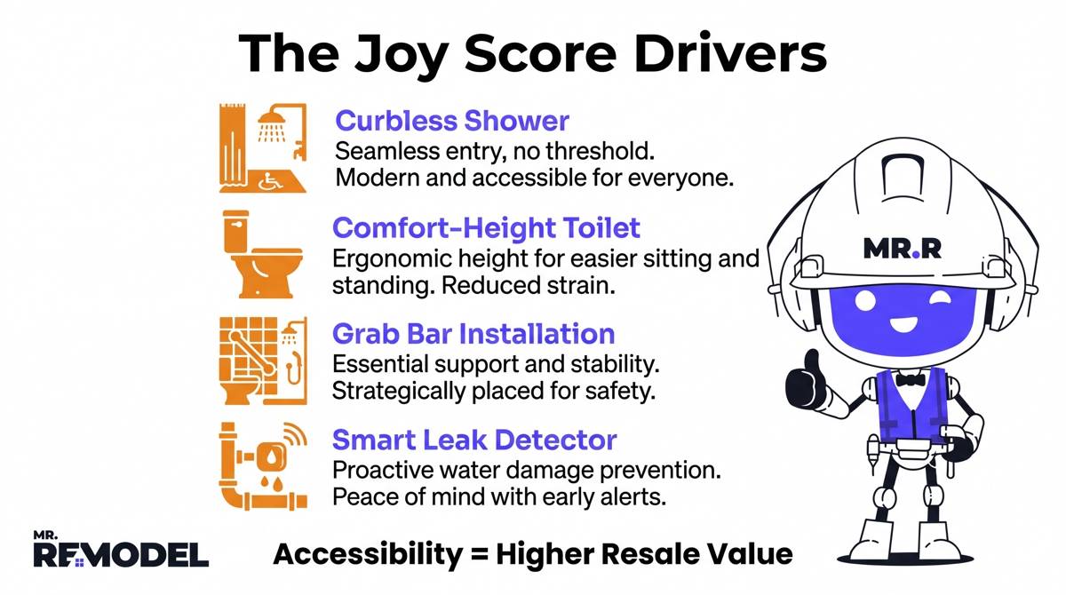 An infographic listing universal design features like curbless entries and smart leak detectors that drive high homeowner Joy Scores and resale value in 2026.
